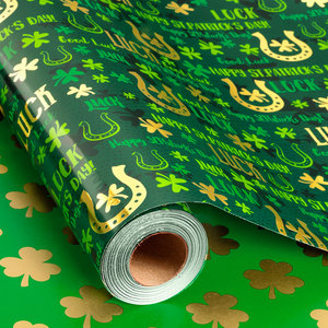 Green gold-plated St Patrick's Day gift wrapping <b>paper</b> with golden horseshoe shamrocks Double-sided printing customizable - Product Image 1