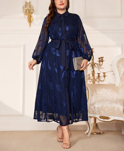 Venta al por mayor de las señoras <span class=keywords><strong>XL</strong></span> Plus Size Floral Jacquard vestido cuello con muescas Semi-Transparente Empire Waist Casual Office Wear - Product Image 1