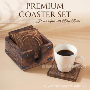 Posavasos retro de madera resistente al calor con caja de almacenamiento, posavasos de madera maciza para café, juego de posavasos de madera para tazas de té para el hogar - Product Image 5