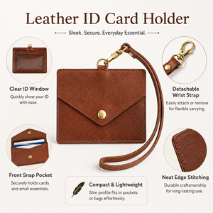 Custom Genuine Leather ID Card Holder with Detachable Wrist Strap Clear ID Window Snap Closure Slim <strong>Badge</strong> <strong>Wallet</strong> for Men Women - Product Image 3