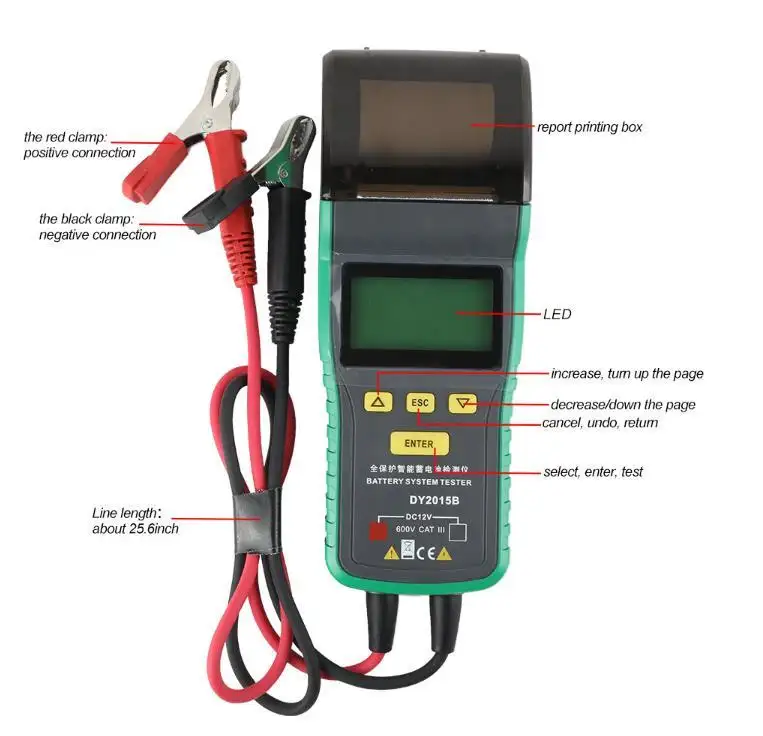 DY2015B एलईडी स्क्रीन कार बैटरी परीक्षक प्रिंटर के साथ 12V ऑटोमोटिव पावर इलेक्ट्रॉनिक लोड बैटरी विश्लेषक माप परीक्षण नया