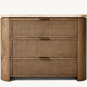 American-style Solid Wood High-<b>end</b> Luxury Bedside <b>Table</b>, with a Rattan Design on the Exterior and a Stone Tabletop. - Product Image 4