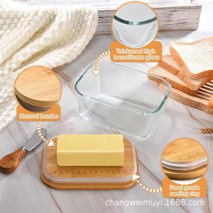 Mantequillera rectangular hermética con tapa abatible, base de bambú natural, vidrio grueso para almacenamiento en la encimera de la cocina. - Product Image 1
