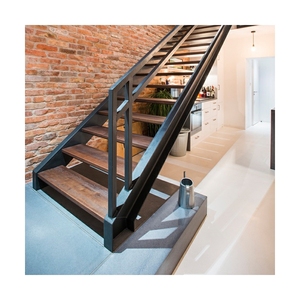 Scala Flottante Moderna da Interno Prima in Acciaio <span class=keywords><strong>e</strong></span> Legno con Monostringa, Gradini in Legno <span class=keywords><strong>e</strong></span> Balaustra in Acciaio Inossidabile - Product Image 1