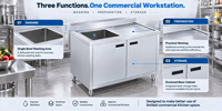 Table de préparation de cuisine professionnelle ISO 9001 avec armoire de rangement, trois tiroirs, portes et plan de travail en acier inoxydable poli pour banquets