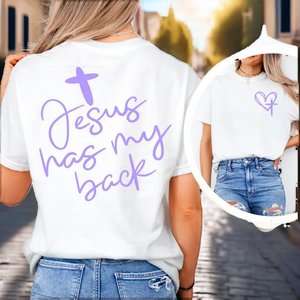 เสื้อยืดผู้หญิงแบบสวมใส่สบาย ระบายอากาศได้ดี เหมาะสำหรับฤดูร้อน คอกลม แขนสั้น พิมพ์ลายโลโก้ "Jesus Has My Back" ผ้าถักโพลีเอสเตอร์/คอตตอน - Product Image 2