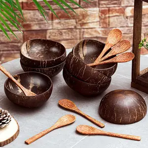 Ciotola di noce di cocco con logo personalizzato con guscio in legno naturale ciotola da portata sostenibile set