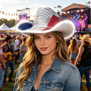 Chapeau de cowgirl lumineux LED scintillant de qualité supérieure, rouge, blanc et bleu, avec visière lumineuse pour le 4 <span class=keywords><strong>juillet</strong></span>, les concerts, les raves et la décoration de la Fête nationale - Product Image 3