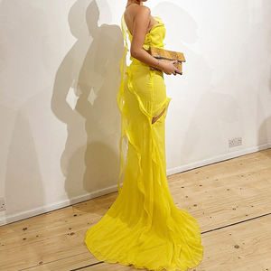 Solid Elegant Fashionable Dress Ruffled Off-the-shoulder <strong>Skirts</strong> Split-shoulder Sleeveless One-piece <strong>Yellow</strong> Long Dress for Women - Product Image 5