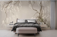 Murale murale en papier peint grand format avec motif de cerisier blanc délicat pour la décoration du salon et de la chambre à coucher