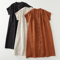 Nouvelle Robe Plissée en Coton Style Japonais pour l'Été 2026, Coupe Ample Mori Girl, Longueur Mi-Mollet, Boutonnée, Grande Taille, Robe de Plage