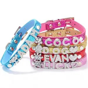 Adjustable PU Leather Personalized Luxury Rhinestone pet Collar Bling Full Diamond DIY Name Letters Dog Collar for Small Dogs