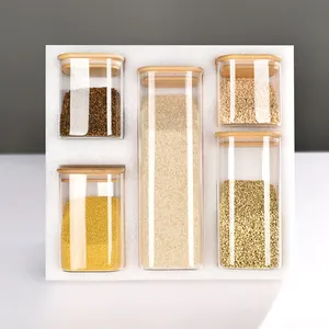 Piattaforma di vendita calda impilabile da cucina Set di contenitori per alimenti in vetro 5 contenitori con coperchio in bambù ermetico