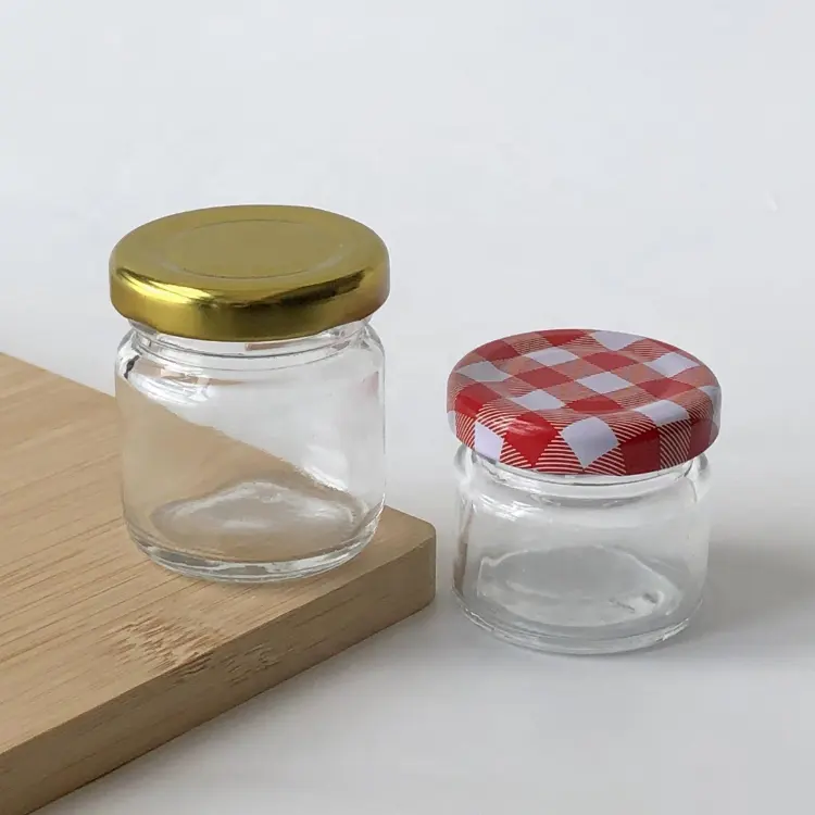 وعاء صغير بمكونات مربى عسل زجاجية مستديرة الشكل مع غطاء للصوص والطماطم سعة 20 مل و25 مل و30 مل