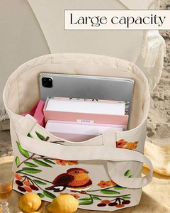 Custom Logo Embroidery Casual Zipper Shoulder Reusable Canvas Tote <b>Bag</b> Long Handle Cute 3D <b>Tree</b> Bird Embroidery for Grocery Work - Product Image 5