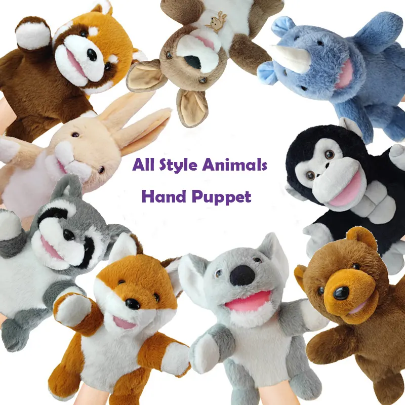 Großhandel Min Order Plüsch Handpuppe Panda Zabra Eichhörnchen Rolle Lernspiel zeug Waschbär Igel Gefüllte Handpuppen