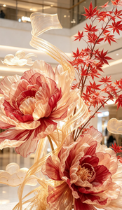 Y-011 Installation florale géante de luxe en organza artificiel, pivoine et érable, pour la décoration de hall d'hôtel - Product Image 5