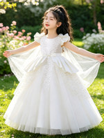 Robe de bal longue pour filles, style princesse, en crochet floral, 100% polyester, pour fête d'anniversaire, mariage, spectacle, couleur blanche
