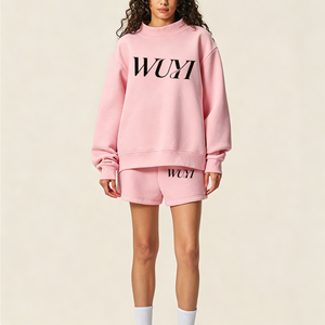 Custom LOGO Women Regular Fit Mockneck Hoodie Pants Sweat <b>Suit</b> Cotton Heavy Weight Crewneck Sweatshirt Shorts Set <b>Button</b> XS - Product Image 3