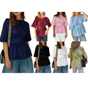 Atasan Peplum Musim Panas Channel 2026 untuk Wanita, Blus Kasual Bisnis dengan Ikat Belakang, Lengan Pendek, dan Pinggang Terikat - Product Image 1