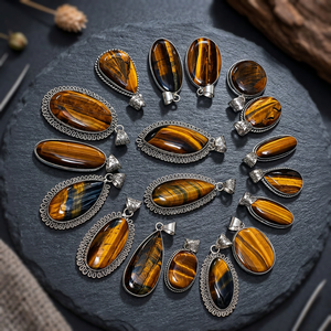 Juego de Colgantes Artesanales Bohemios con Piedra Ojo de Tigre, Marcos Ornamentados de Aleación Plateada Piedra Natural con Forma de Gota de Agua Vintage - Product Image 5