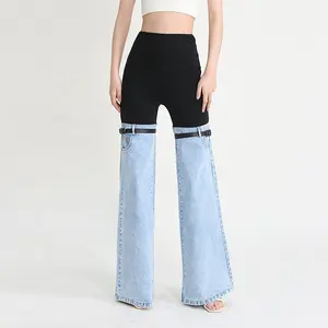 Getspring Women Pants Capris 2023 Spring Denim Stitched High Waist Straight Pants Fashion Loose Long Ladies Trousers New Arrival