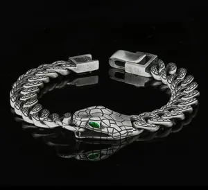 KRKC&CO Antique Silver Plated snake bracelet cuban link bracelet 925 sterling silver bracelet men