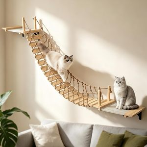 Eco-Friendly Classic Wooden <b>Cat</b> <b>Tree</b> with Roped Bridge Wall Shelves <b>Bed</b> & Perches for Indoor <b>Cats</b> Carton Packed - Product Image 4