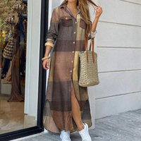 Robe chemise longue imprimée à manches longues et poches pour femme, fendue, grande taille, élégante, décontractée et ajustée