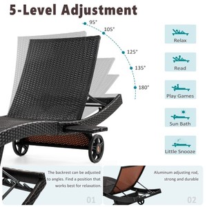 80" Wicker Modern Chaise Lounge Chair Set 2 Reclining Rolling Wheels Side <b>Table</b> Adjustable Backrest-Portable Eco-Friendly Black - Product Image 4
