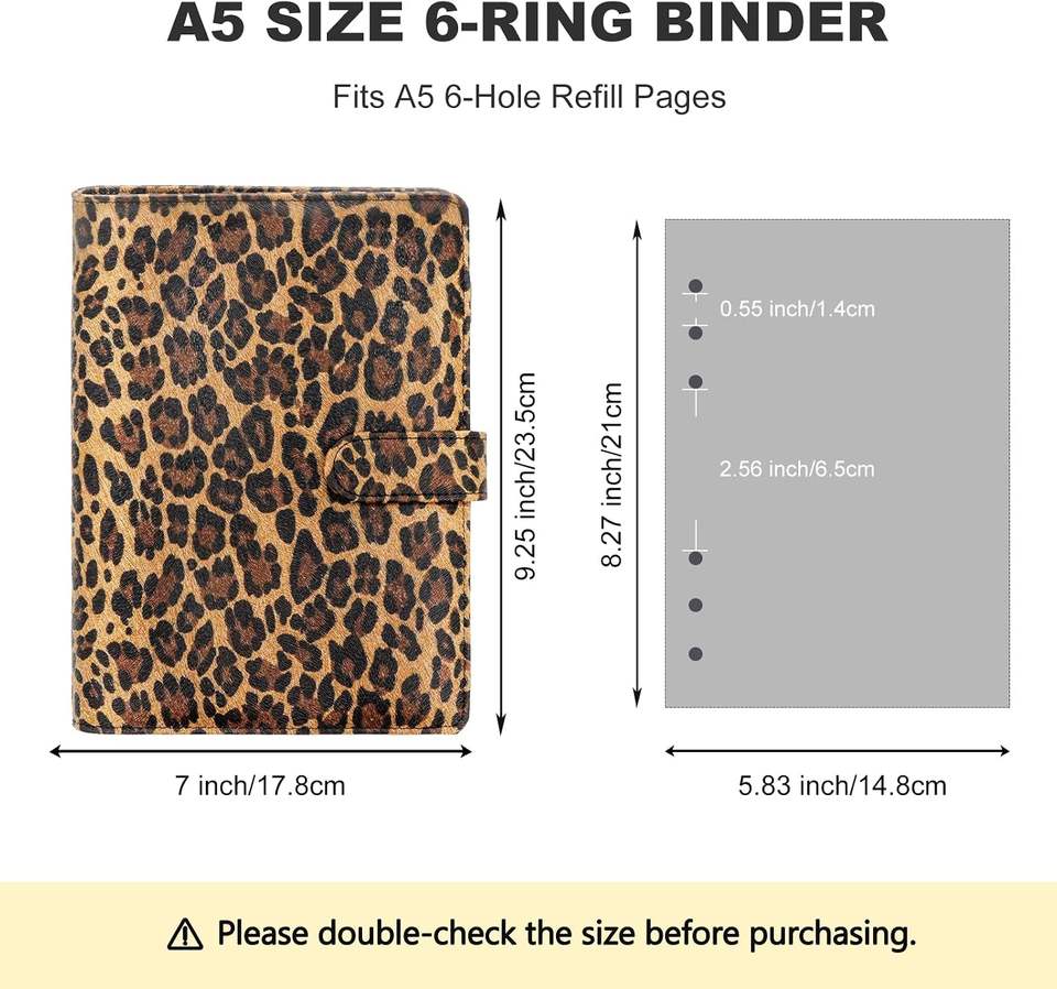 A5 Refillable 6-Ring Faux Leather Binder Leopard Pattern Planner ...
