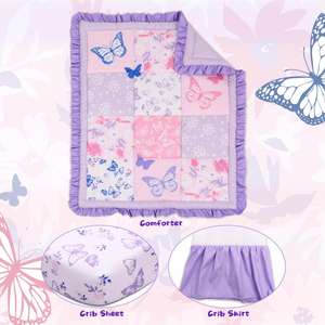 3 Pieces Floral Butterfly Baby Crib Bedding Set Includes Comforter Fitted Sheet Crib Skirt - Product Image 3
