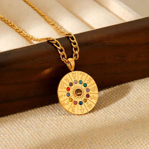 Moda Retro 18 Ayar Altın Kaplama On İki Burç Yuvarlak Renkli Zirkon Taşlı Kolye Paslanmaz Çelik <span class=keywords><strong>Tarot</strong></span> Kartları Kolye - Product Image 2