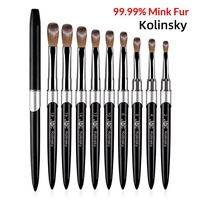 Pinceaux à ongles de qualité supérieure, manche en métal noir, 100% Kolinsky, ronds, à poils crimpés, pour salon de manucure