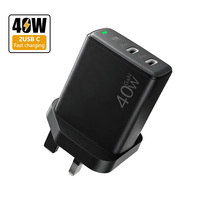 Cargador Rápido GaN de 40W con Doble Puerto USB-C PD y Enchufe UK Ignífugo para Teléfonos, Laptops y Cámaras