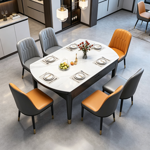 Ensemble de table à manger en pierre frittée, structure en bois massif avec tiroir de rangement, chaises de salle à manger en cuir PU bicolore, mobilier de salle à manger domestique - Product Image 1