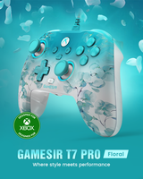 Manette de jeu filaire GameSir T7 Pro W transparente à motif floral, joystick à effet Hall, éclairage RGB, double vibration, pour Xbox PC