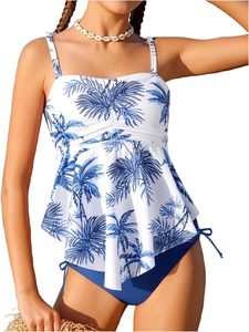 Wholesale Blue Palm Print <b>Tankini</b> Set Two Piece Swimwear <b>Women</b> Ruffle Flounce <b>Swimsuit</b> Modest Flowy Bathing Suit - Product Image 1