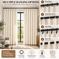 Rideaux semi-transparents 3-en-1 à plis froncés style bohème, avec languettes de fixation, aspect lin, forme moulée par mémoire pour chambre à coucher (e-commerce)