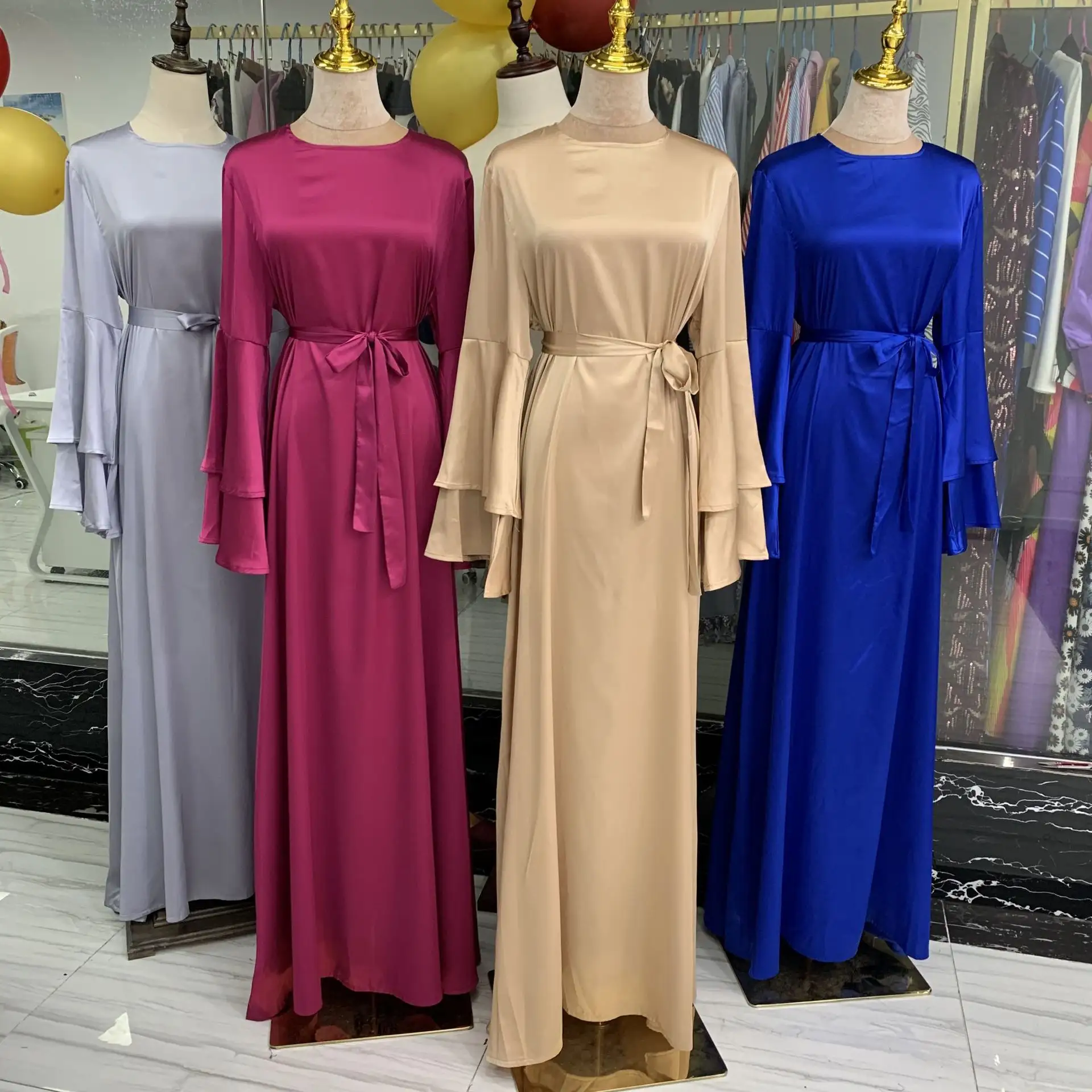 Satin Muslim Evening Long Flare Sleeve Eid Ramadan Maxi Silk Modest Women Muslim Dress Islamic Dress For Ladies