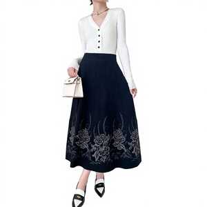 Women High Waist Wool Blend Midi <strong>Skirt</strong> Vintage Flora Jacquard Embroidery A-line <strong>Flared</strong> <strong>Skirt</strong> for Middle Aged Ladies - Product Image 4