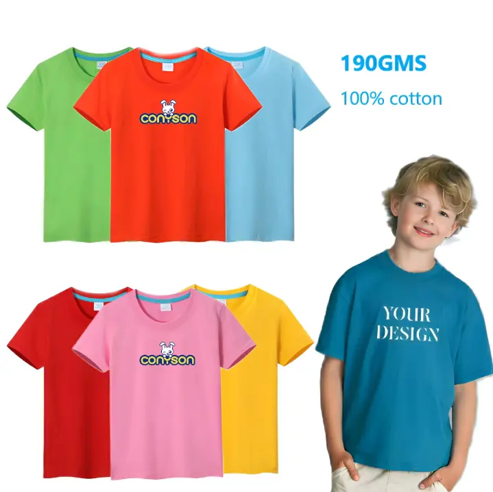 Conyson Vêtements unisexes d'été pour enfants T-shirt uni blanc en coton avec logo personnalisé 190GSM T-shirt à la mode pour enfants T-shirts unis pour enfants
