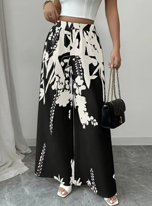 Collection d'été : Pantalon droit taille mi-haute respirant pour femme, imprimé à l'encre, coupe ajustée, jambes larges, conçu pour adultes - Product Image 2