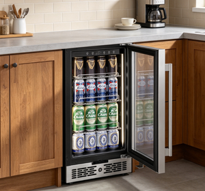 NE-351-12 Enfriador de Bebidas Premium Silencioso de Una Sola Zona, Integrado Bajo Mostrador, con Puerta de Vidrio y Marco de Acero Inoxidable - Product Image 1