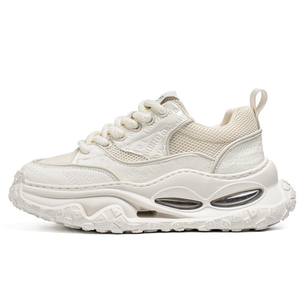 Sneakers Chunky da Donna in Pelle Goffrata <span class=keywords><strong>Crema</strong></span> con Rete Traspirante, Suola con Cuscino d'Aria, Lacci Spessi e Antiscivolo - Product Image 1