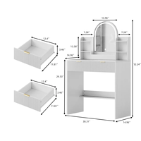Table de maquillage en MDF cannelé blanc avec miroir LED cintrée, 2 tiroirs et étagères – Vente en gros