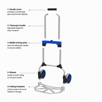 Chariot à main pliable en aluminium avec 2 roues en PP, poignée rétractable, OEM pour déménagement, courses et usage au bureau (bleu)