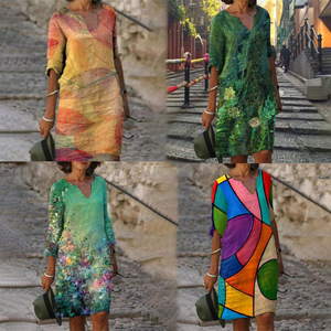 Nuevo Vestido de Verano con Estampado de Hojas y Flores, Cuello en V, Manga Corta, Holgado - Product Image 3