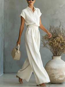 Traje de Dos Piezas para Mujer, Color Sólido, Camisa con Botones y Manga Corta, Pantalones Largos de Cintura Alta con Pliegues y Pierna Ancha, Atuendo Casual para Vacaciones - Product Image 2