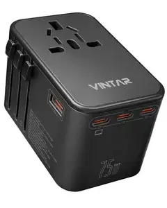 Adattatore spina internazionale VINTAR 75W GaN con 3 USB-C PD e 2 USB-A QC, essenziali da viaggio All-in-one